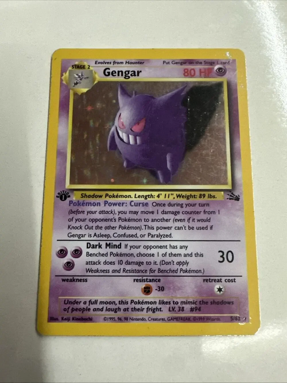 1999 Pokemon Fossil 1st Edition Gengar Holo 5/62 WOTC Vintage - MP